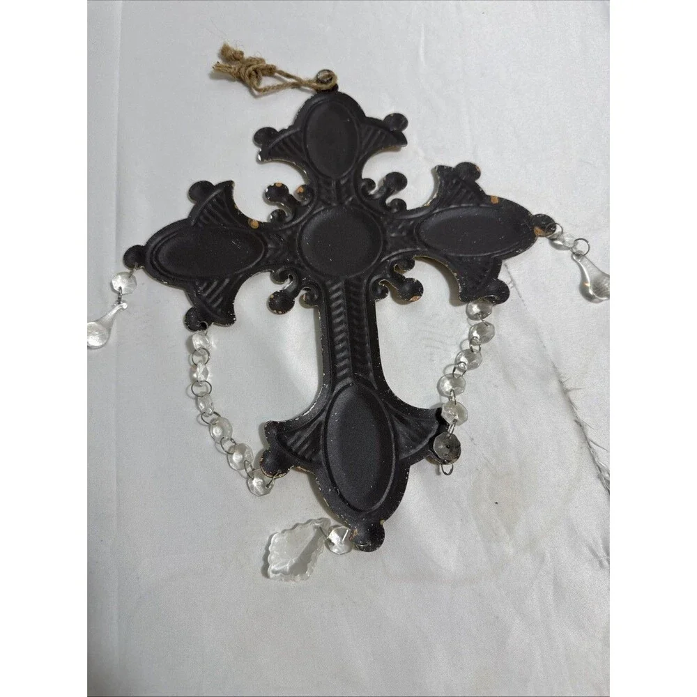 Vintage Metal Cross Decor With Glass Beads Hanging Rustic Off White Flat